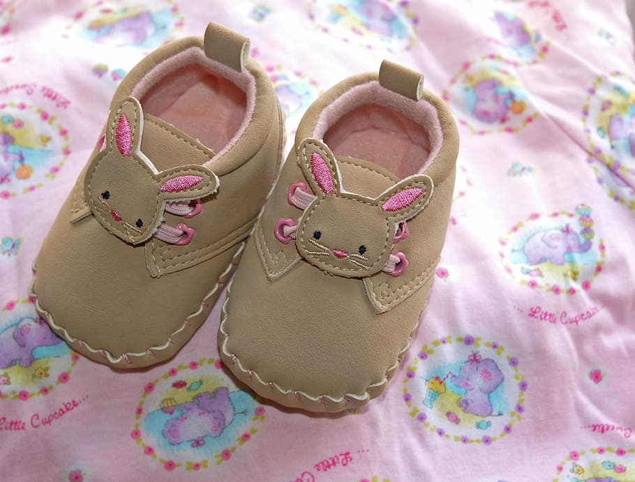 pair, infant, brown-and-pink leather crib shoes, pink, multicolored, textile, shoe, color, little, celebration