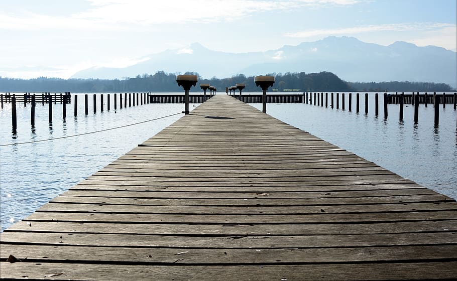 brown, wooden, dock bridge, web, boardwalk, overview, horizon, wide, water, lake