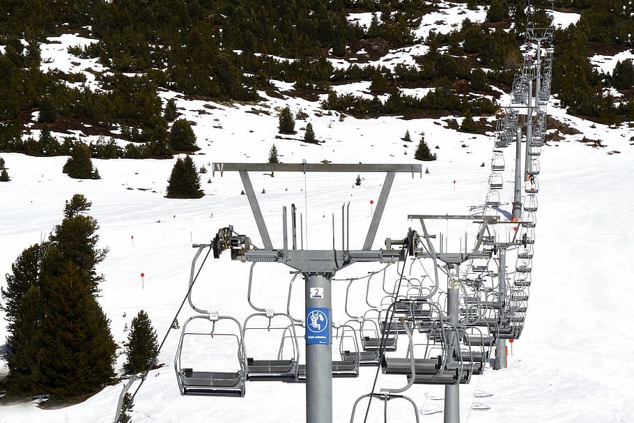 silver utility tower, snowfield, chairlift, means of transport, go up, sit, winter, skiing, seat, drive
