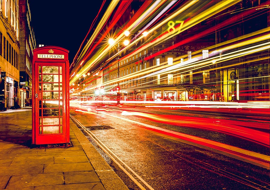 red, telephone booth, concrete, ground, buildings, nighttime, red telephone, night, urban Scene, double-Decker Bus