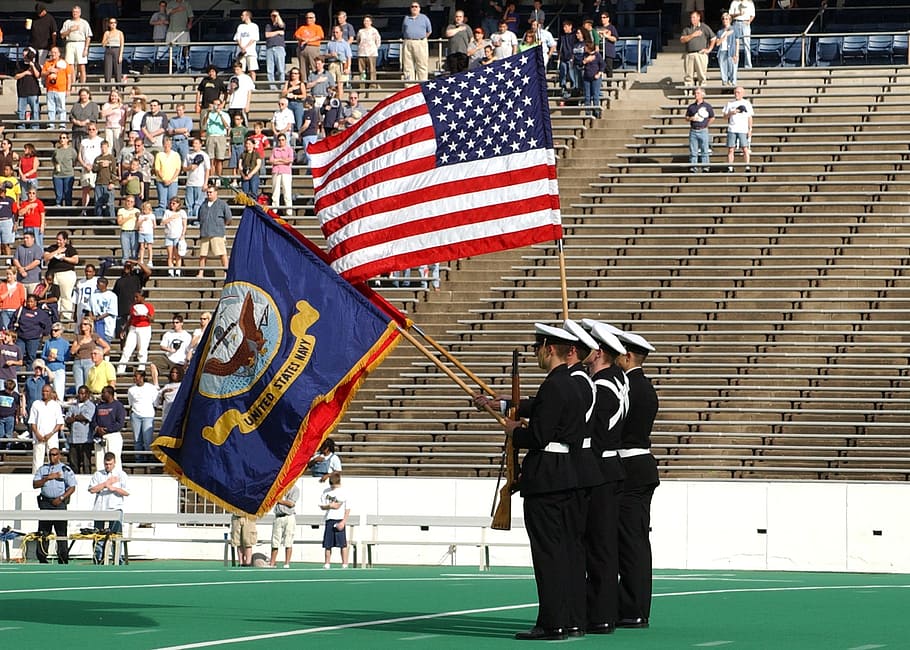 four, officer, holding, rifles, flags, field, american flag, football game, american football game, game
