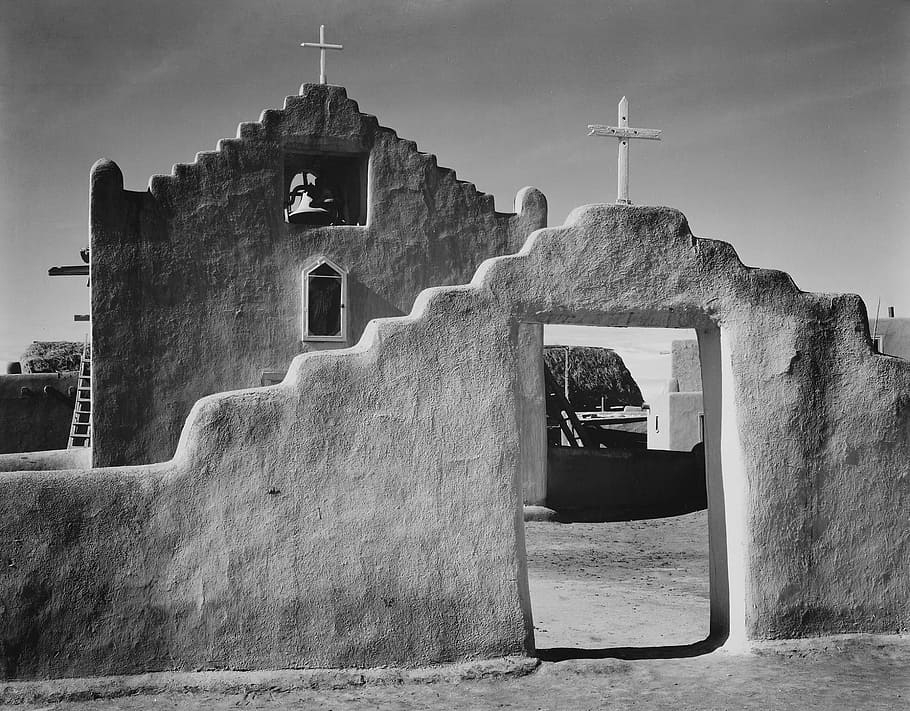 grayscale photo, concrete, church, adobe, pueblo, mission, architecture, building, black and white, taos