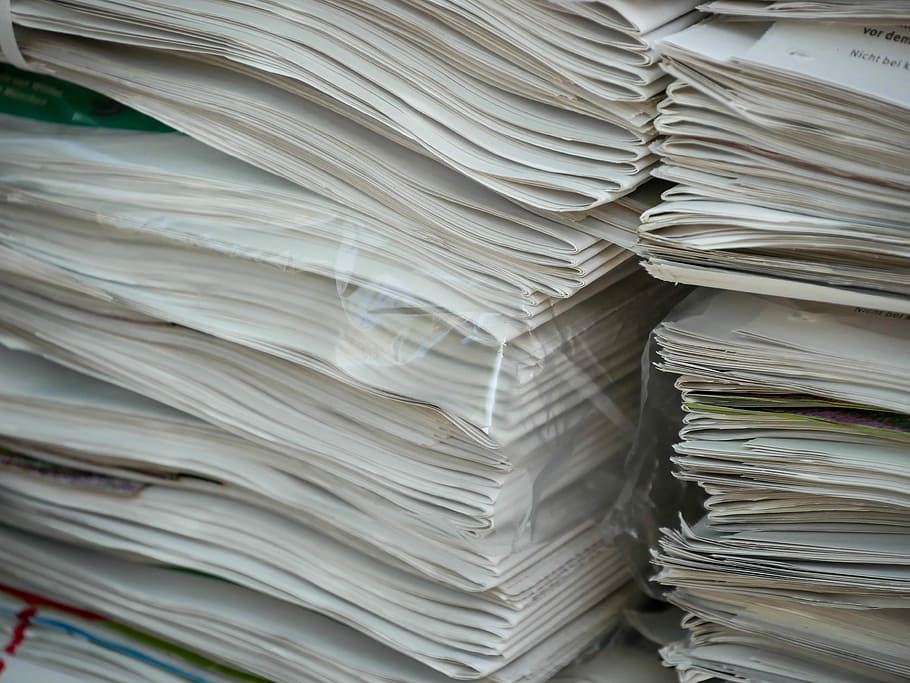 close-up photo, white, printer paper lot, Newspaper, Pile, Stack, Material, Waste, disposal, recycling