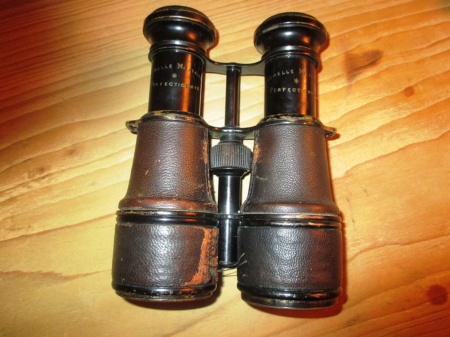 binoculars, old, scuffed, army binoculars, antique, swiss army, switzerland, indoors, two objects, wood - material