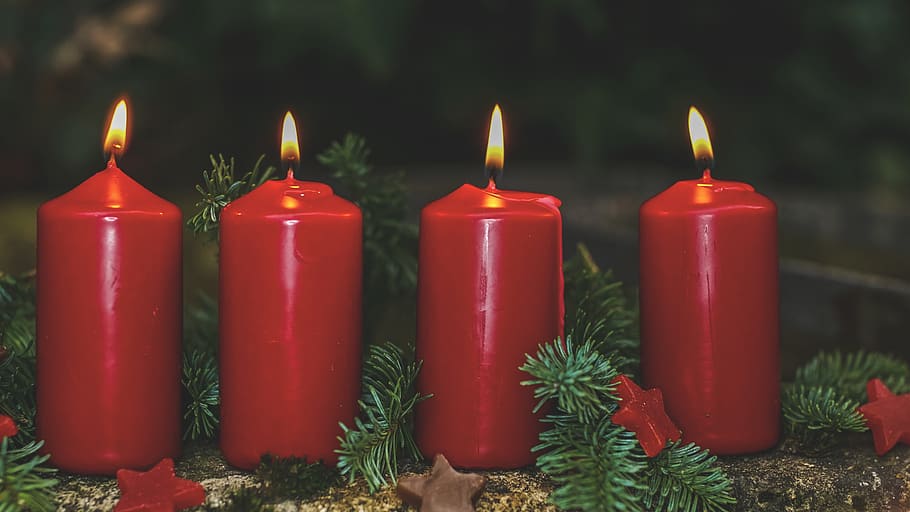 advent, 4, advent candles, red, four, candlelight, christmas, christmas time, contemplative, flame