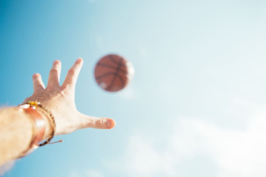 basketball, hand, sky, catch, sport, athlete, exercise, fun, court, playground