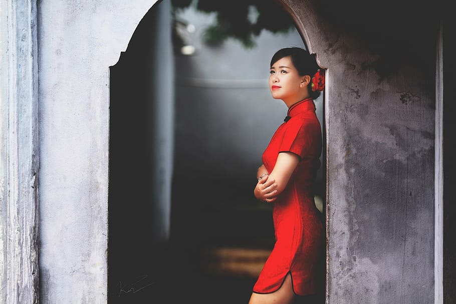 mujer, vestir, rojo, mini vestido de manga corta, vietnam, vietnamita, niña, joven, dama, asia