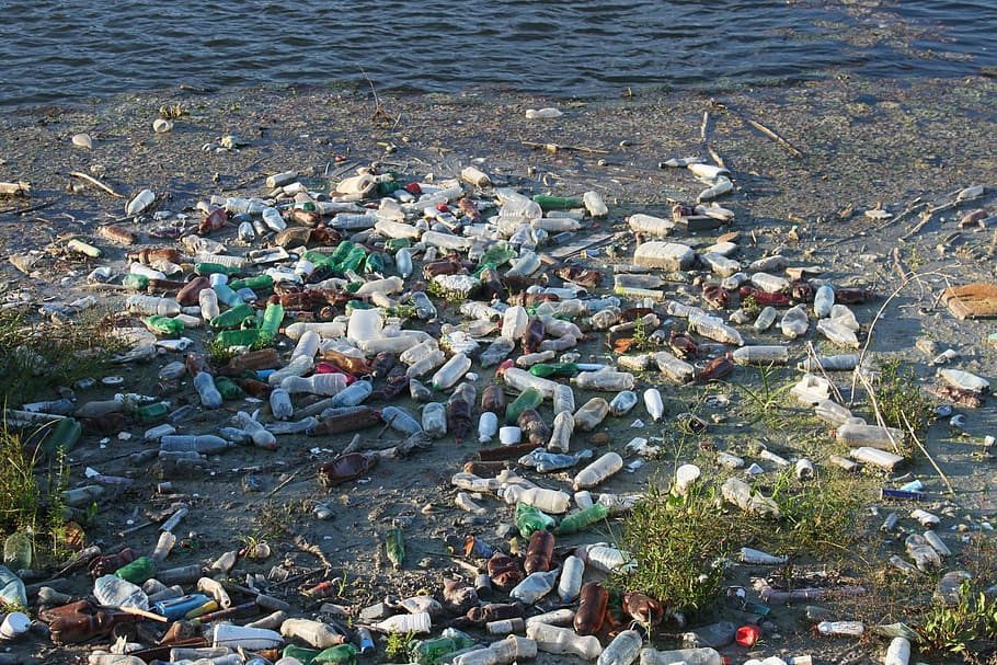 aneka-warna-dan-jenis botol, botol, tempat pembuangan, mengambang, sampah, plastik, polusi, sungai, air, buatan manusia