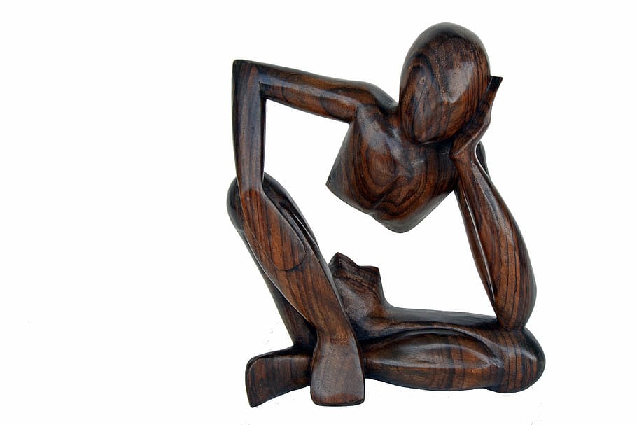 brown, wooden, human, figure sculpture, thinker, at a loss, consider, play, question mark, holzfigur