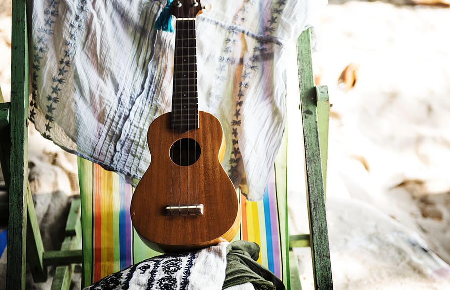 brown, ukulele guitar, white, textile, dom, getaway, care, beach, travel, recreation