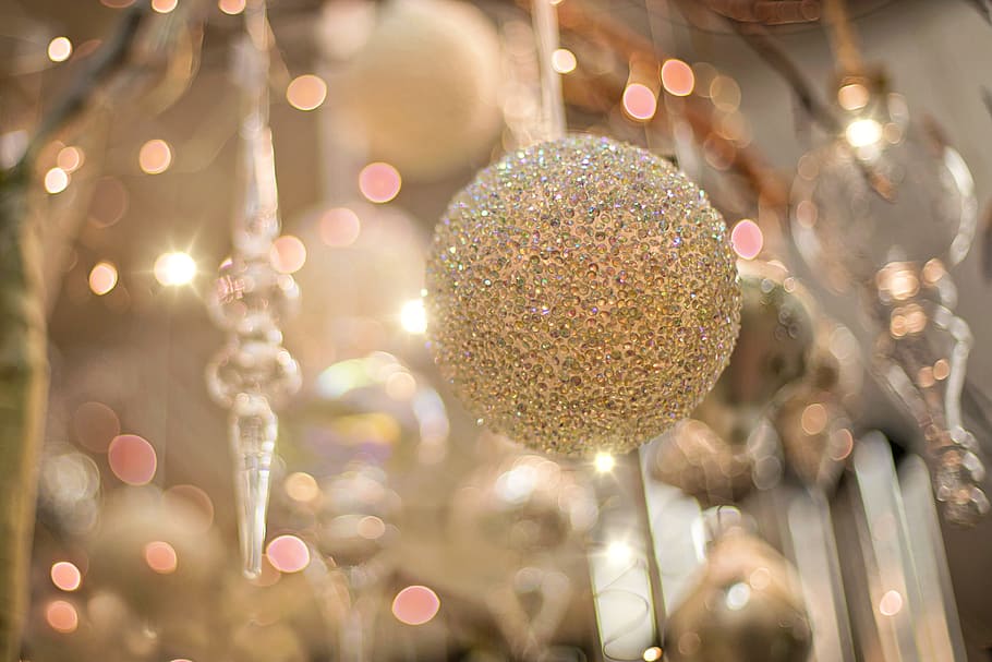 selective, focus photo, gold decor, christmas ornament, sparkly, gold, silver, christmas, decoration, holiday