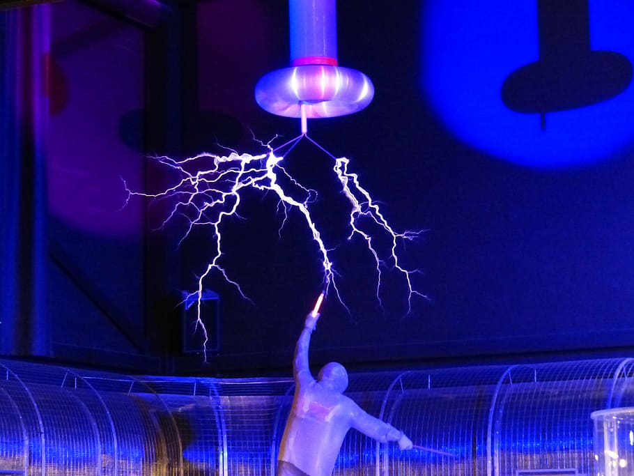 person figurine, electric, post, flash, tesla coil, experiment, high voltage, experimental physics, demonstration, show