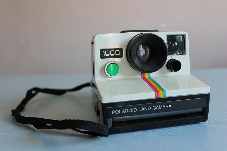 white, black, polaroid land camera, polaroid, camera, vintage, retro, old, pictures, object
