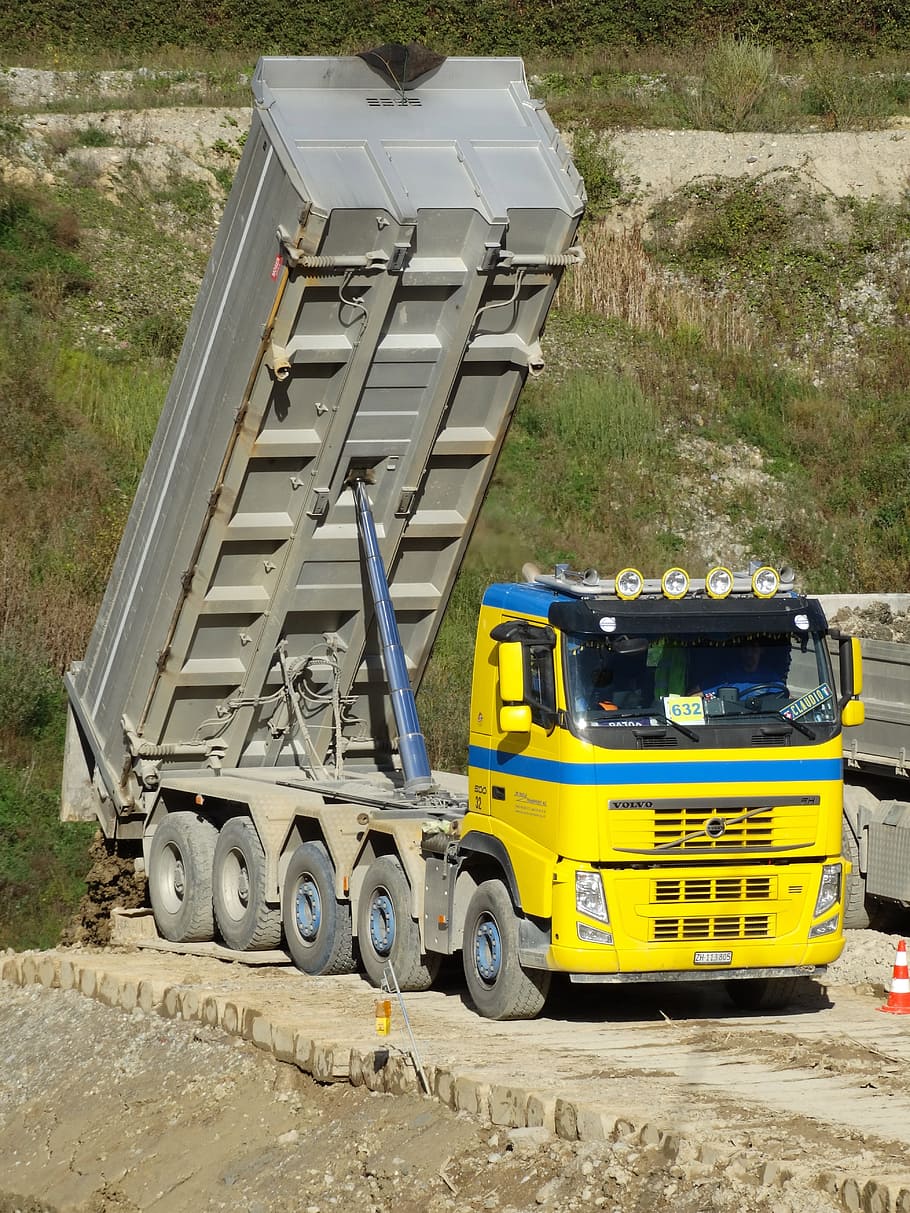 gray, yellow, dump, cart, tilt trucks, truck, kieswerk, unloading point, earth, earth material