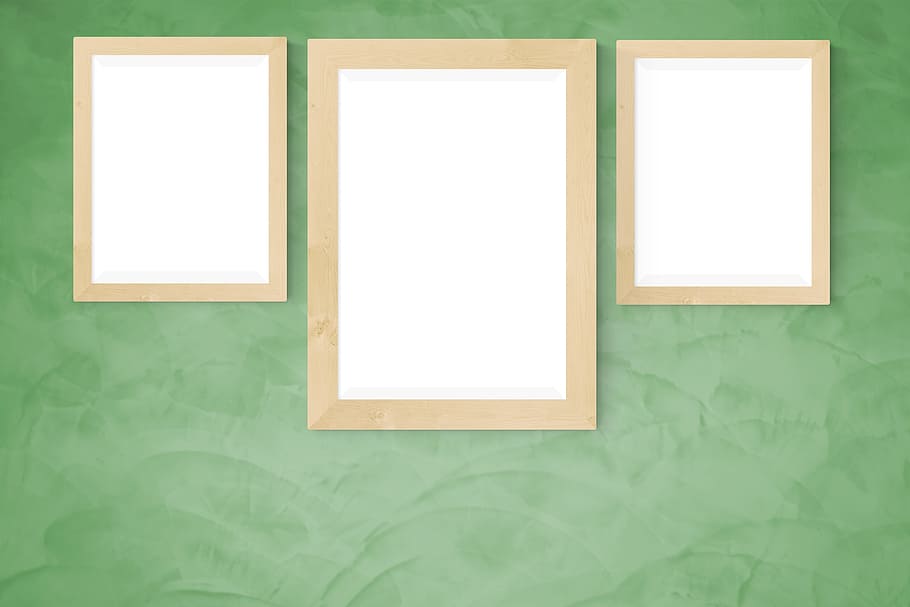 three, brown, photo frames, green, background illustration, poster, wall, mockup, interior, frame