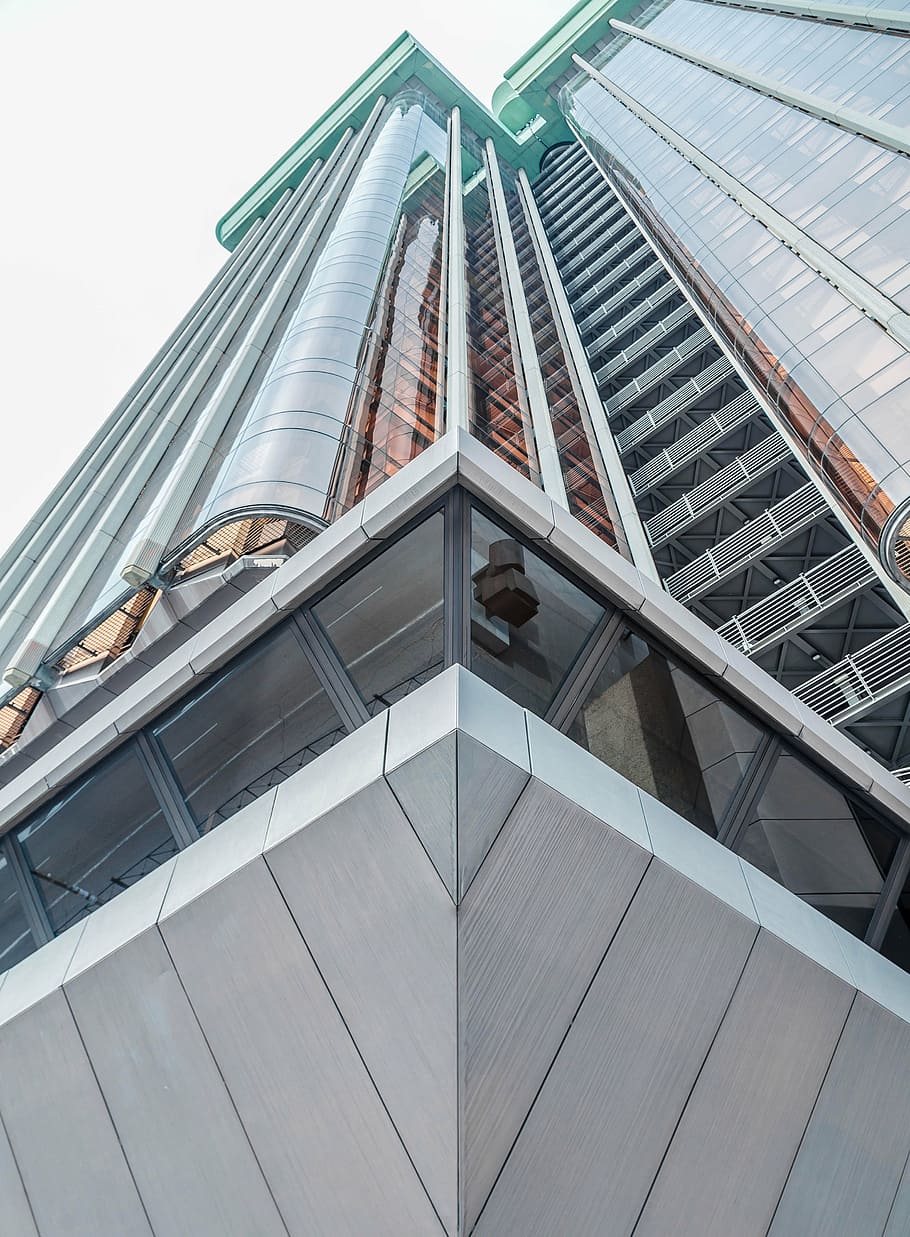 worm-eye-view, gray, clear, glass building, architecture, building, infrastructure, sky, skyscraper, tower