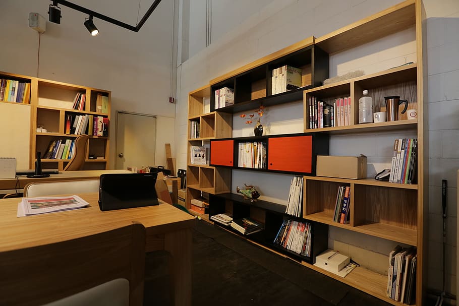brown wooden bookshelves, office, shelf, desk, interior design, living room, furniture, interior, living, home