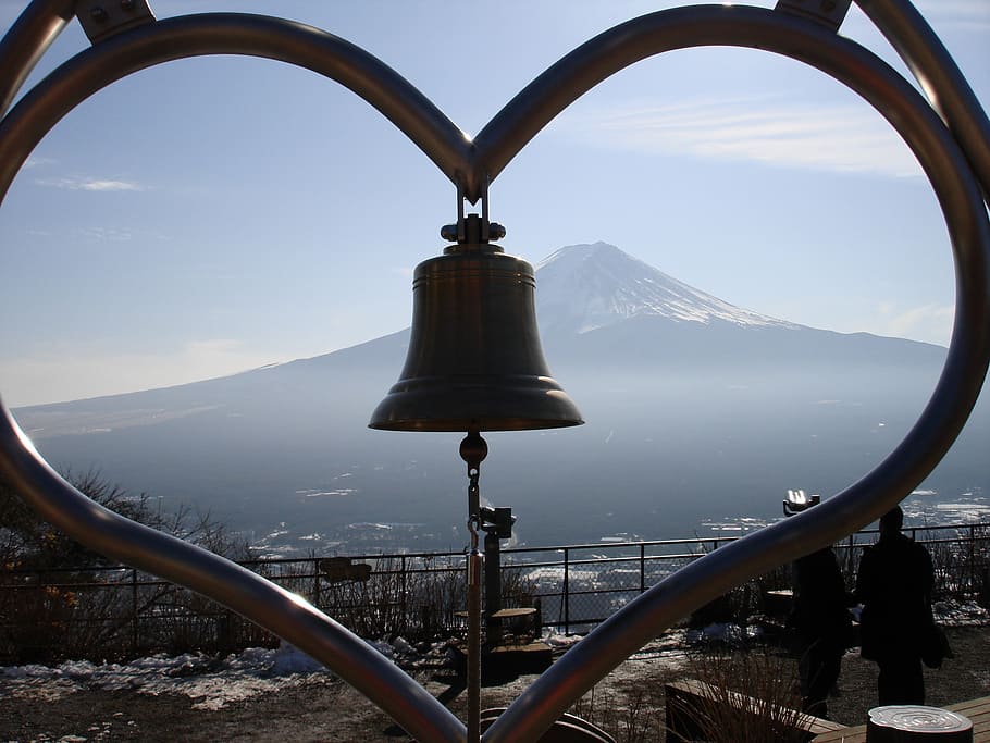 heart-shaped, framed, bell, facing, mountain, mount fuji, japan, trip, sky, nature