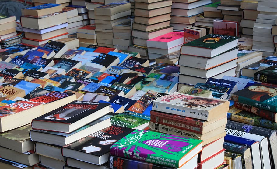 pile, hardbound, books, flea market, box, browse, read, title, book market, bookstore