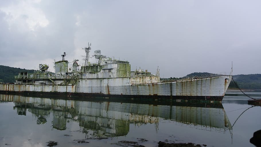 ship, boat, marine, abandoned, sinister, military, former, maritime, reflection, water