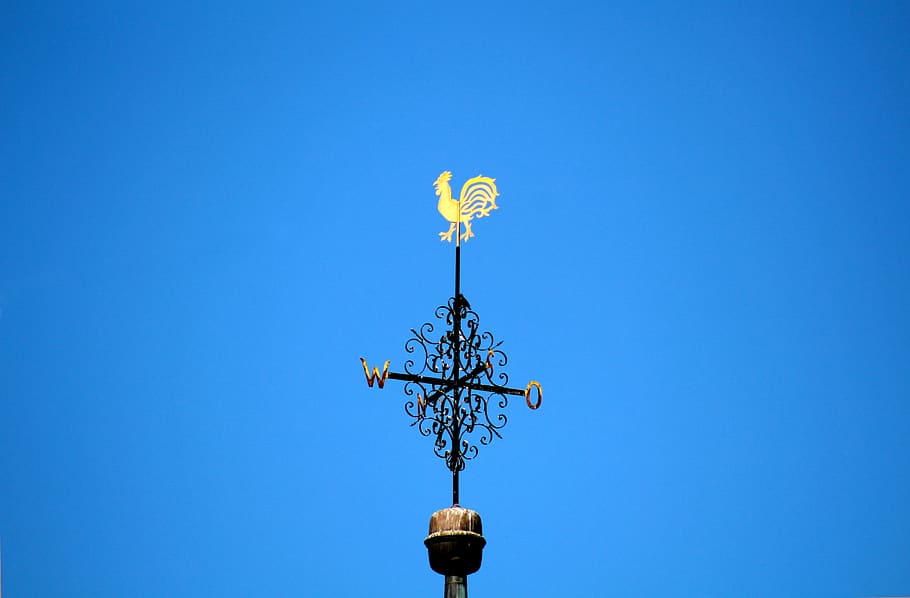 spire, weather vane, hahn, figure, wind direction indicator, gold, church, great, sky, blue