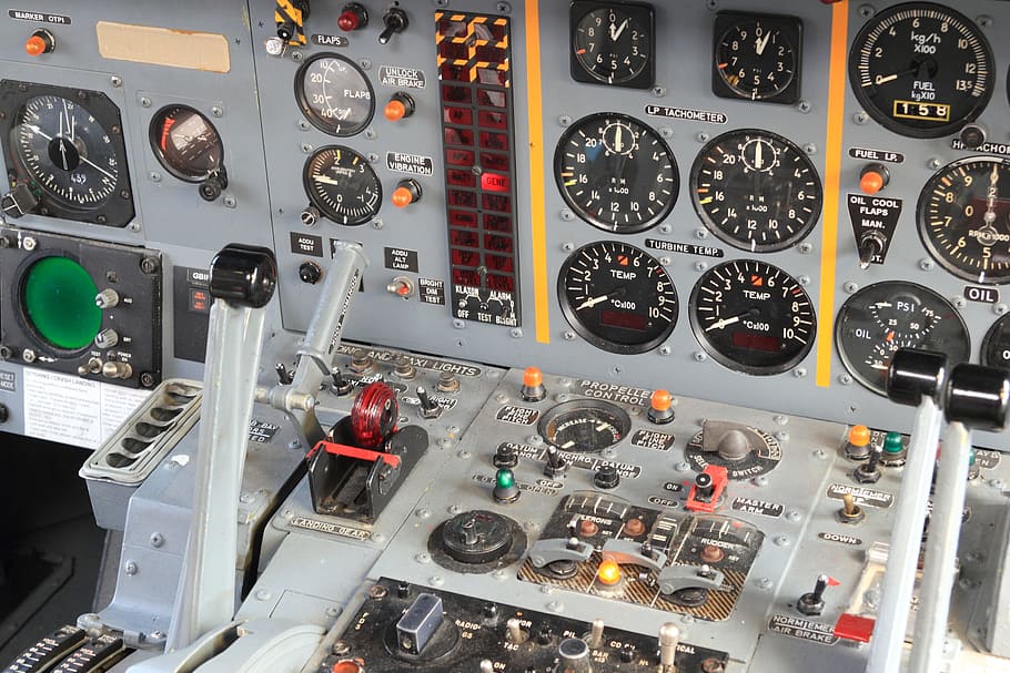 gray, black, gauge, interior, aircraft, fighter, cockpit, instrument, panel, gauges