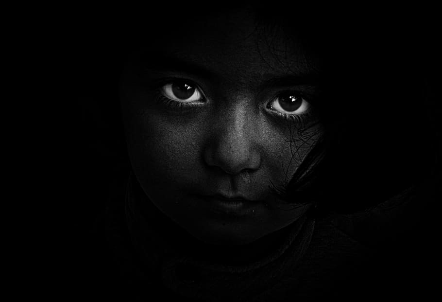 girl's face, black and white, person, dark, girl, eyes, hidden, portrait, hiding, people