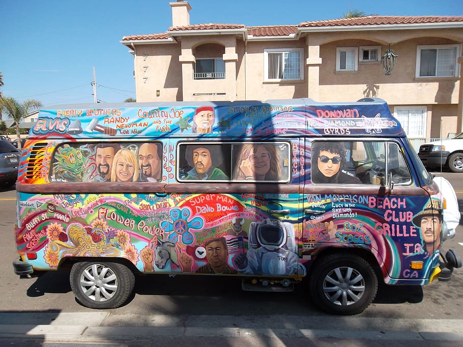 multicolored, vehicle, parked, building, hippies, bus, van, imperial, beach, california