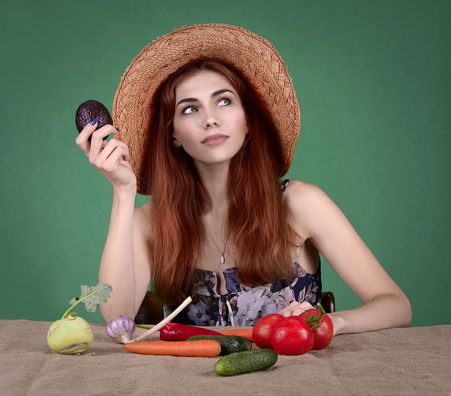 diet, healthy nutrition, vegetables, girl, woman, an avocado, turnip, tomato, carrots, cucumber