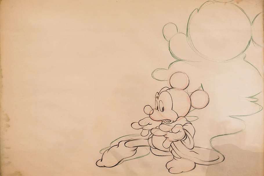 mickey mouse sketch, micky mouse, walt disney, figure, cartoon character, comic, fantasia, 1940, animation drawing, paper