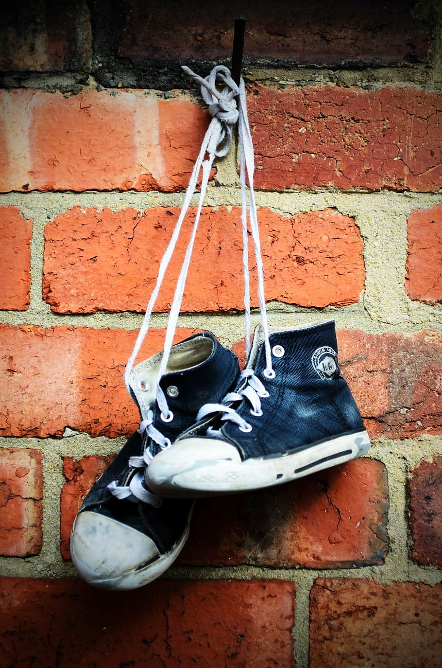 pair, sneakers, hanging, brick wall, shoes, boots, old, children, wall, brick