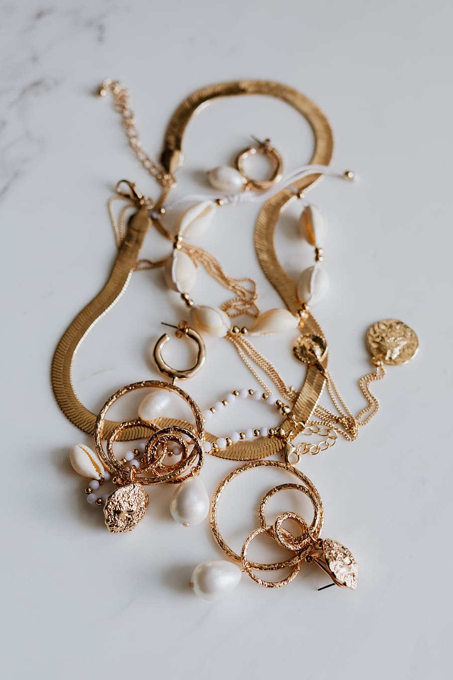 perhiasan, marmer, glamour, kalung, gelang, bracele, earrngs, emas, putih, dalam ruangan
