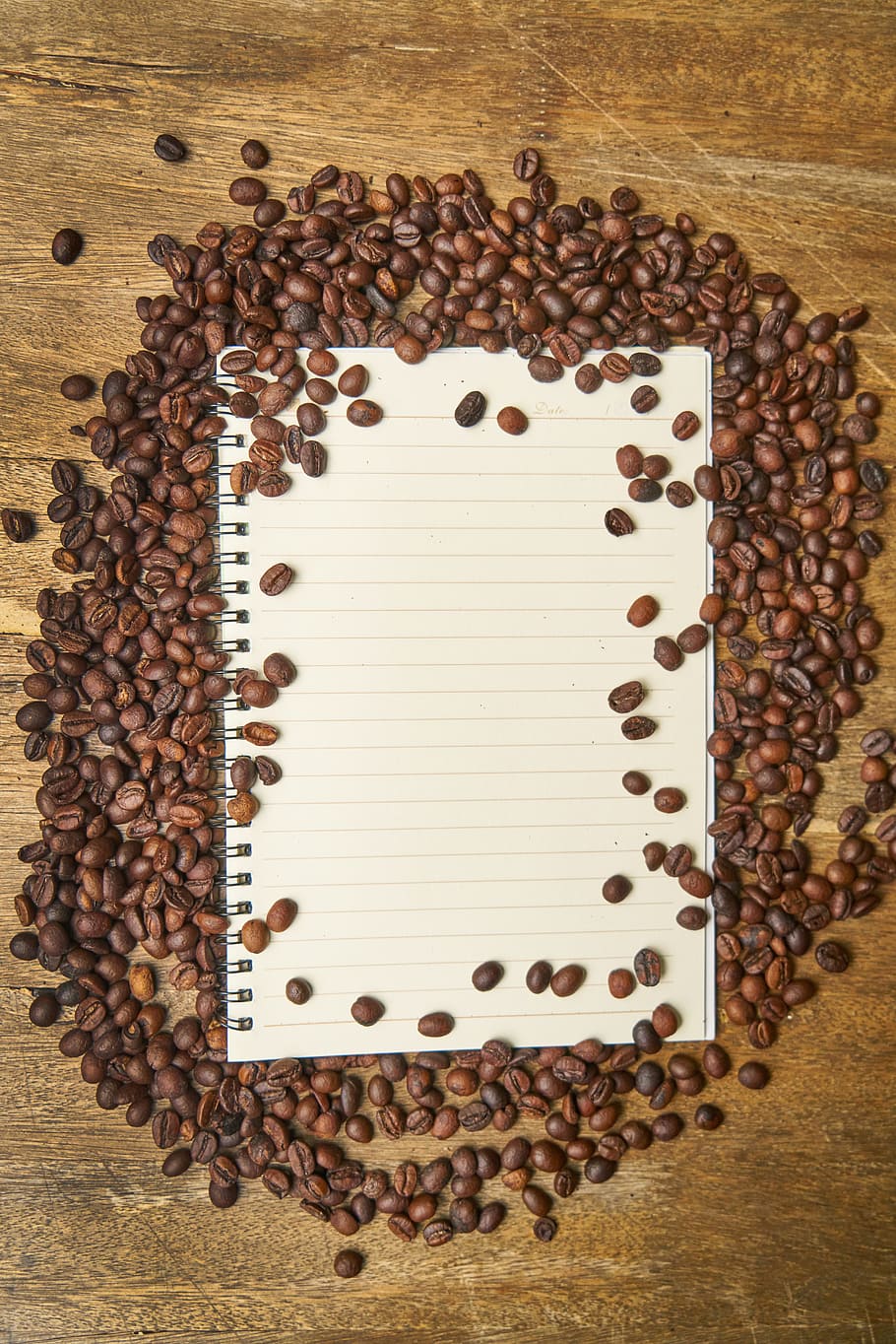 coffee beans lot, notebook, work, page, note, take notes, to write, paper, read, white