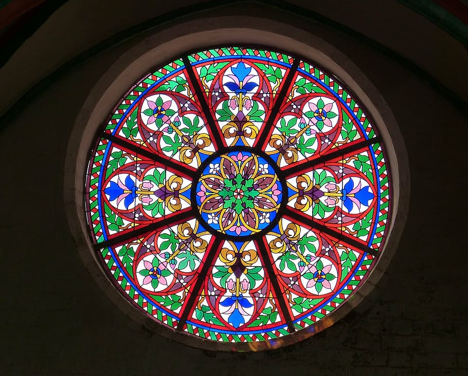 red, green, blue, floral, tiffany wall window, church window, window, rosette, glass window, stained glass window