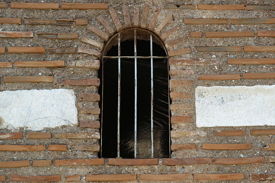 white window grills, window, wall, brick, orange, brown, daniel, railing, dom, dungeon