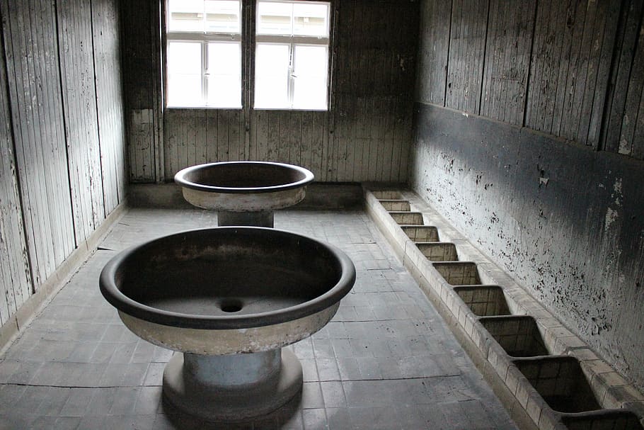 concentration camp, prison bathroom, prison, washbasin, gloomily, empty, indoors, bathroom, window, toilet