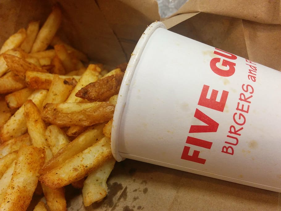 five guys, chips, burger joint, burgers, potato, prepared potato, fast food, unhealthy eating, french fries, food