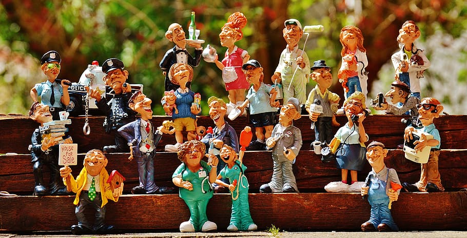 assorted figurines collection, figures, professions, work, funny, fun, career, job, real estate agents, businessman