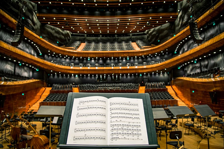palco da orquestra, branco, musical, folha, suporte, próximo, cadeiras, música, notas, lençóis