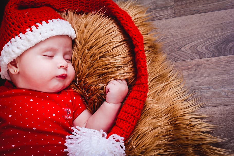 baby, wearing, red, white, knit, cap, Christmas, Child, Christmas Ornament, christmas, child