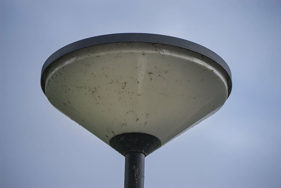 lamp, dirty, switched off, sidewalk, sky, low angle view, blue, nature, single object, clear sky