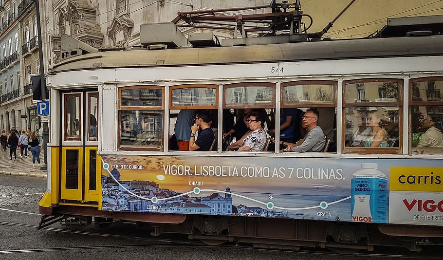 lisbon, tram streetcar, tram, college, portugal, the lisbon tram, transportation, mode of transportation, group of people, women