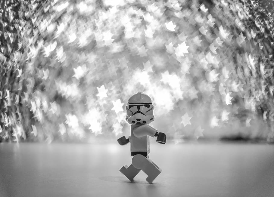 grayscale photo, lego stormtrooper, lego, starwars, stormtrooper, walking, toy, plastic, figure, miniature