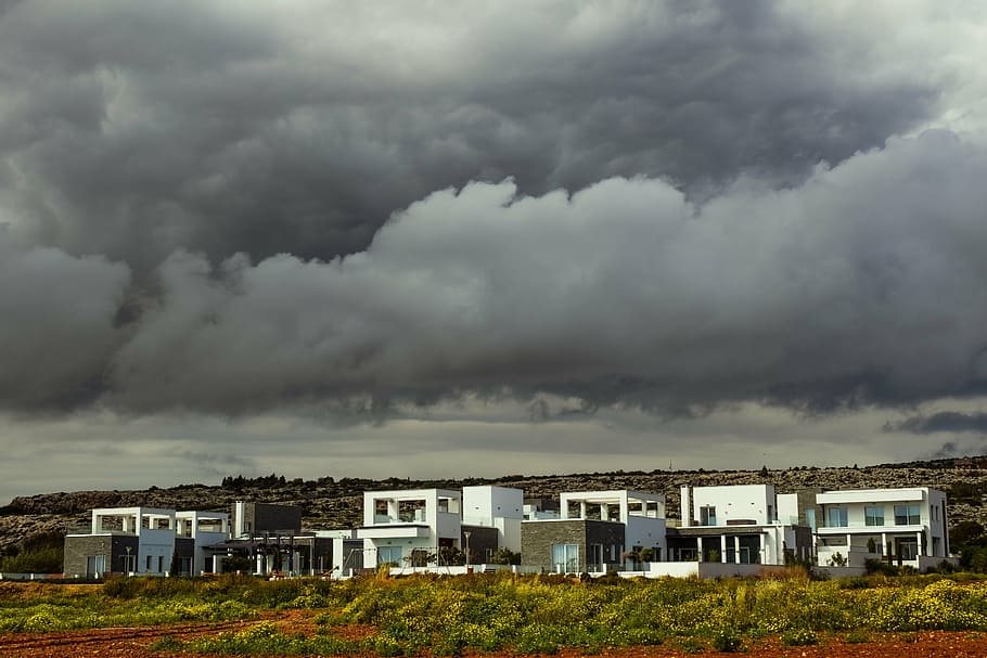 villas, residential, houses, sky, clouds, dramatic, storm, scenery, landscape, design