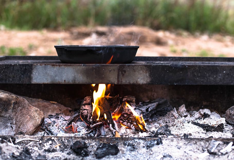aço, grelha, panela, fogo, lenha, quente, carvão vegetal, chama, calor, queimadura