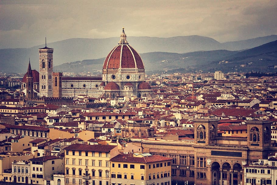 mosque, cumulus clouds, firenze, il duomo, cathedral, cityscape, italy, rooftops, city, building