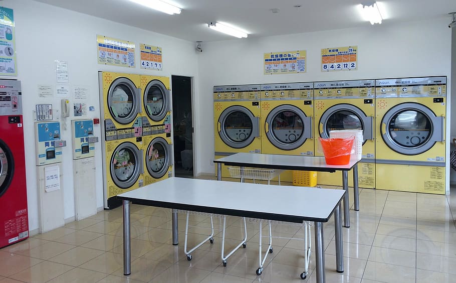 launderette, dryer, fully automatic washing machine, red, yellow, yasuura, yokosuka, japan, table, washing Machine