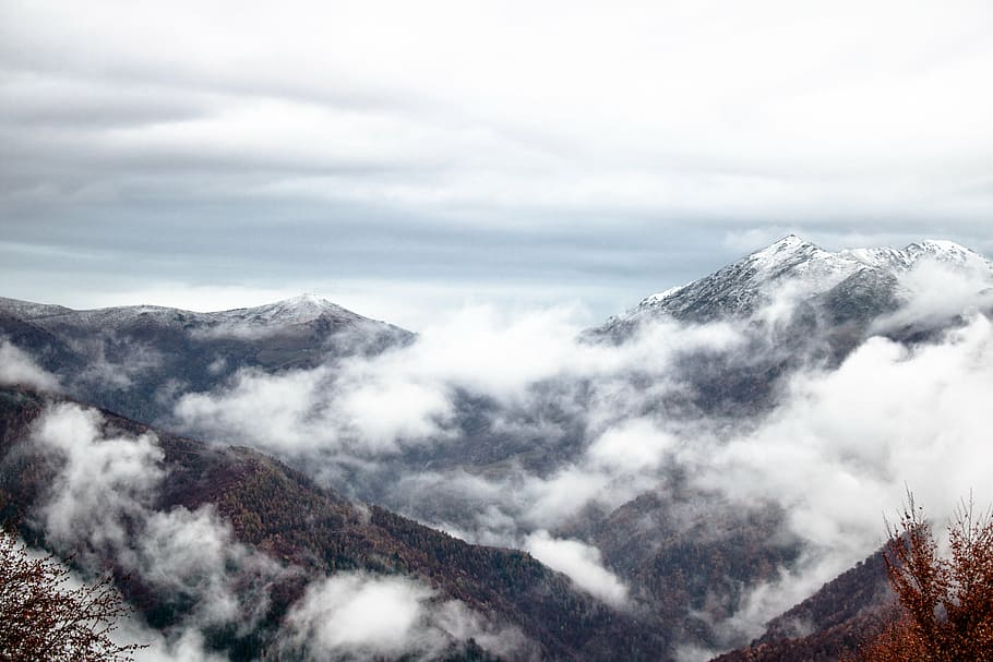 foto do marco, montanhas, coberto, nuvens, geleira, montanha, nevoeiro, branco, céu, dia