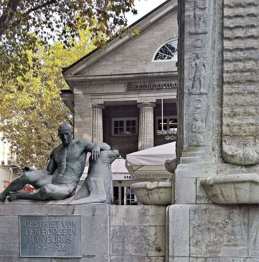 hamburg, mönckebergstraße, moenckebergbrunnen, dedicated to, the hamburg mayor, moenckeberg, nude man sculpture, adam, counterpart to eva, resting on a sea lion