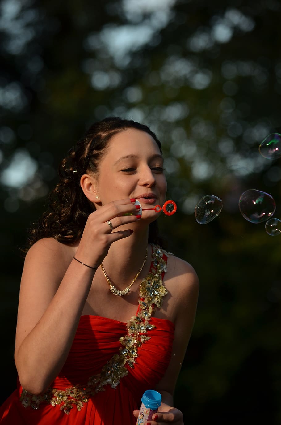 woman, red, dress, blowing, bubbles, girl, soap bubbles, fun, cheerful, young